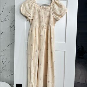 Ivy City Co Cream Smocked Dress with Floral Accents